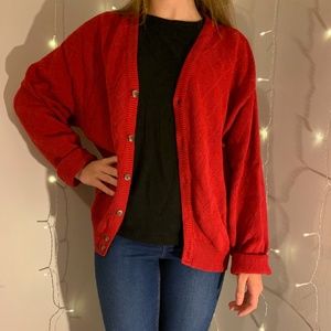 Red Textured Button Up Sweater